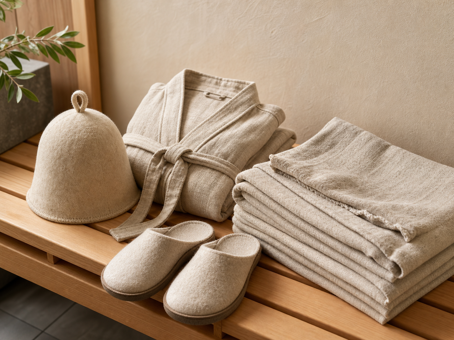 Sauna towel robe hat and slippers