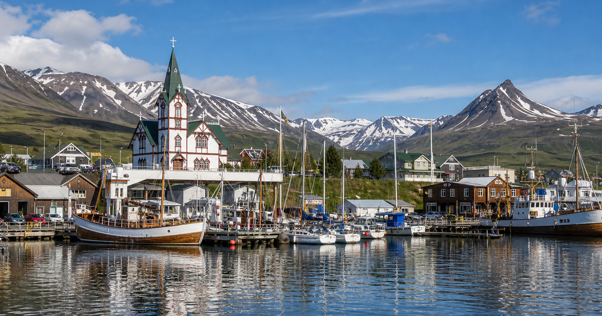 Húsavík city waterfront and skyline