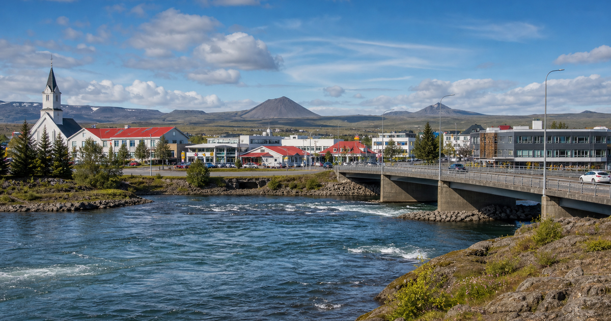 Selfoss city waterfront and skyline