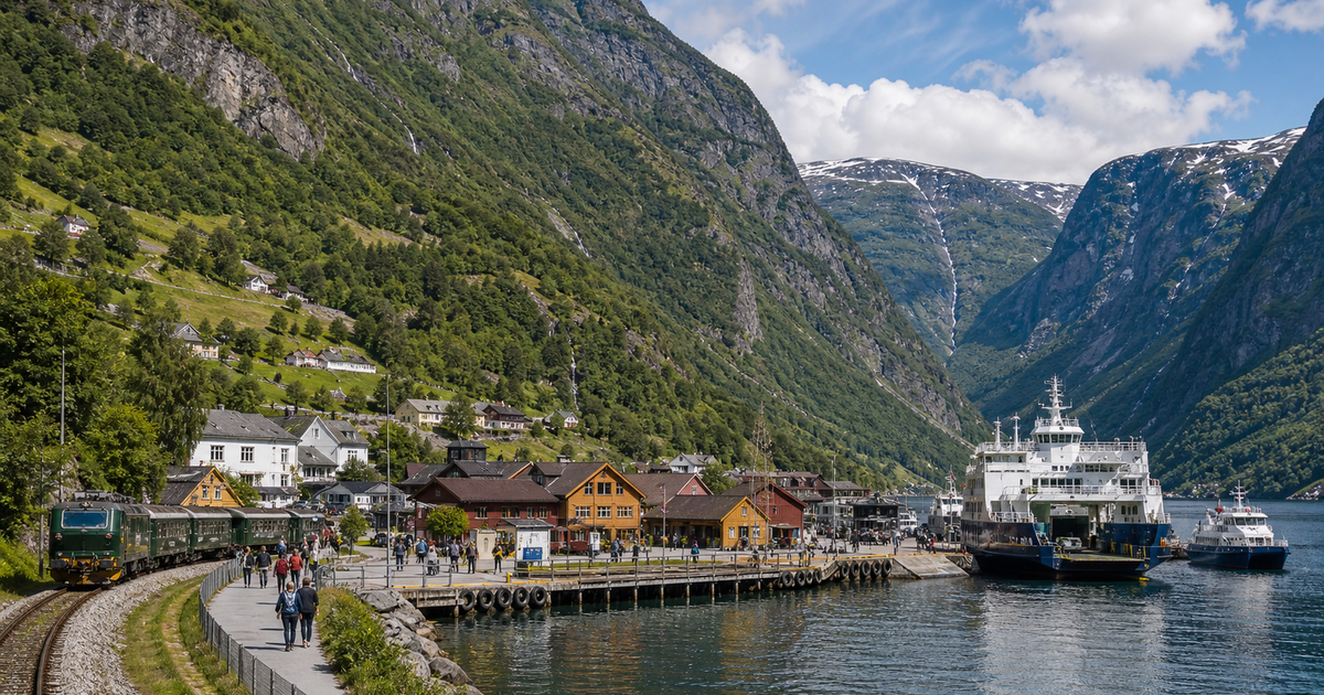 Flåm city waterfront and skyline